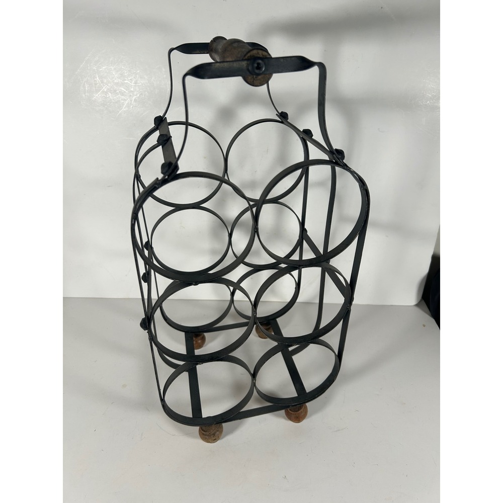 Vintage Wrought Iron 6 Bottle Wine Rack Carrier Wood Handle Rustic Farmhouse